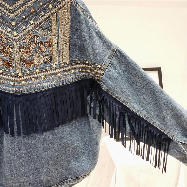 Tiana Embroidered Fringe Denim Jacket