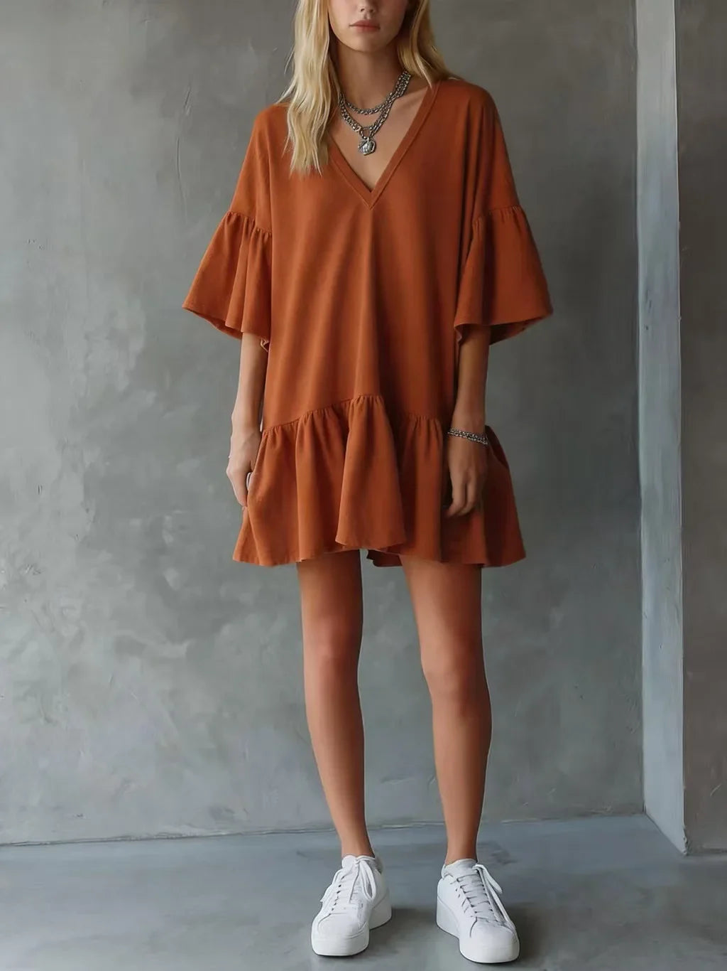 Soliana Lightweight V Neck Mini Dress