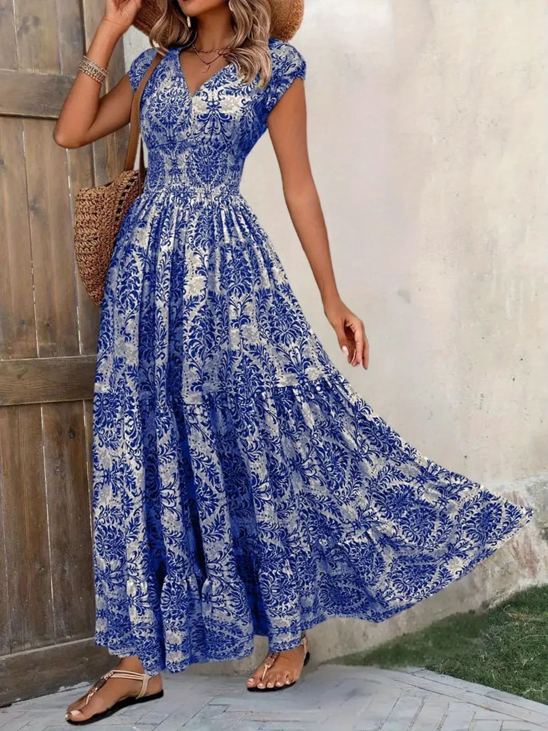 Alessa Floral V Neck Long Sleeve Flared Midi Dress
