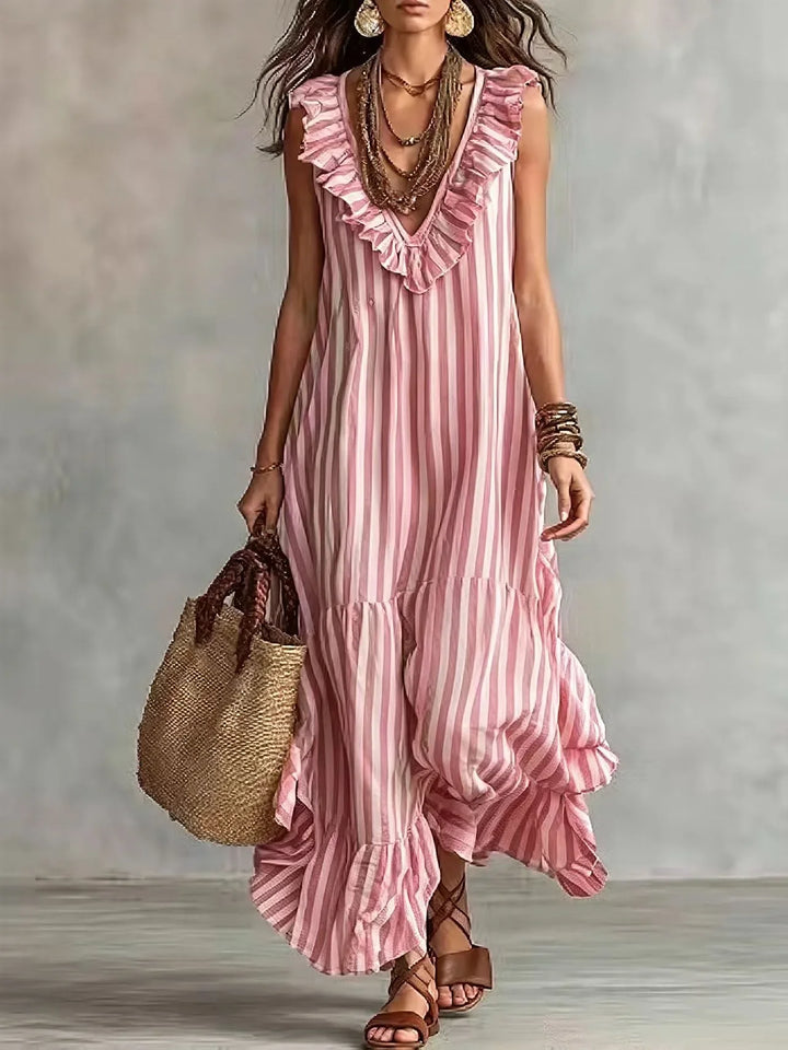Elara Ruffle Striped Maxi Dress