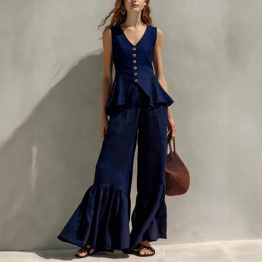 Sylvie Sleeveless Ruffle Trim Wide Leg Pants Set