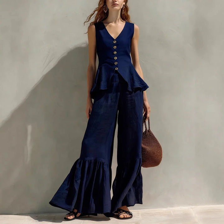Sylvie Sleeveless Ruffle Trim Wide Leg Pants Set