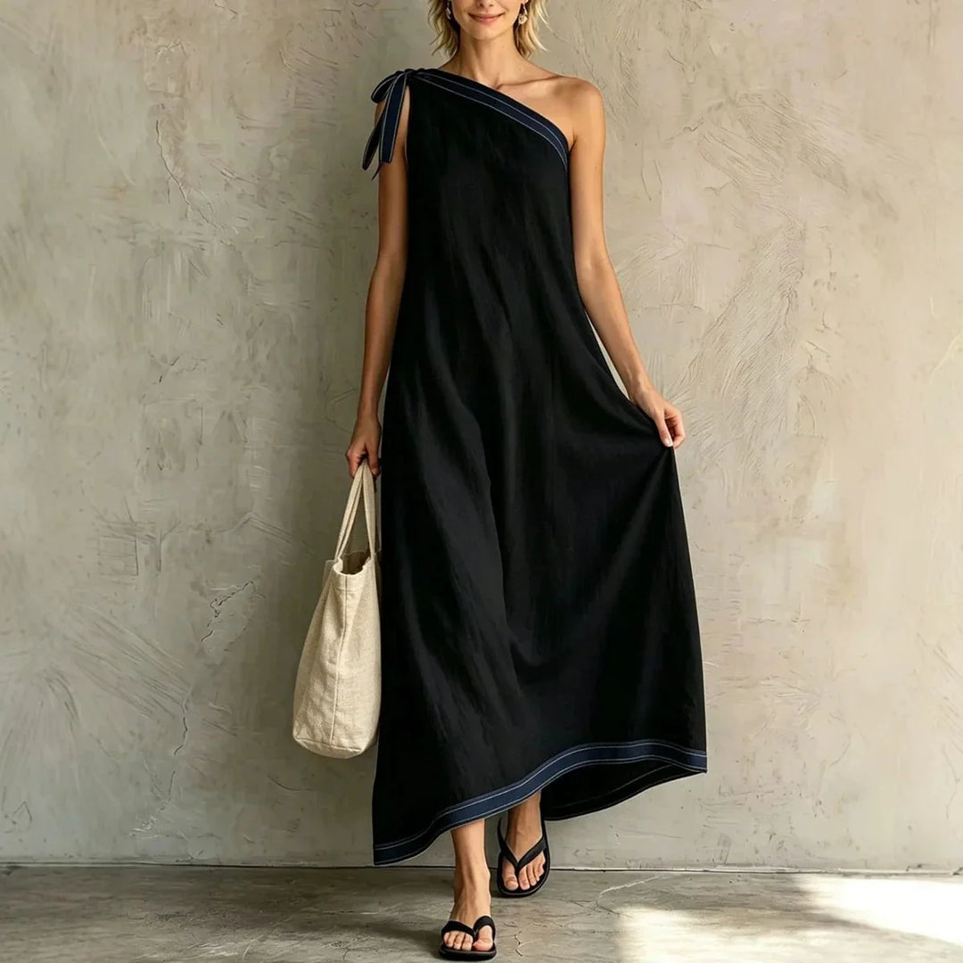 Cielena One Shoulder Wrap Flowing Maxi Dress