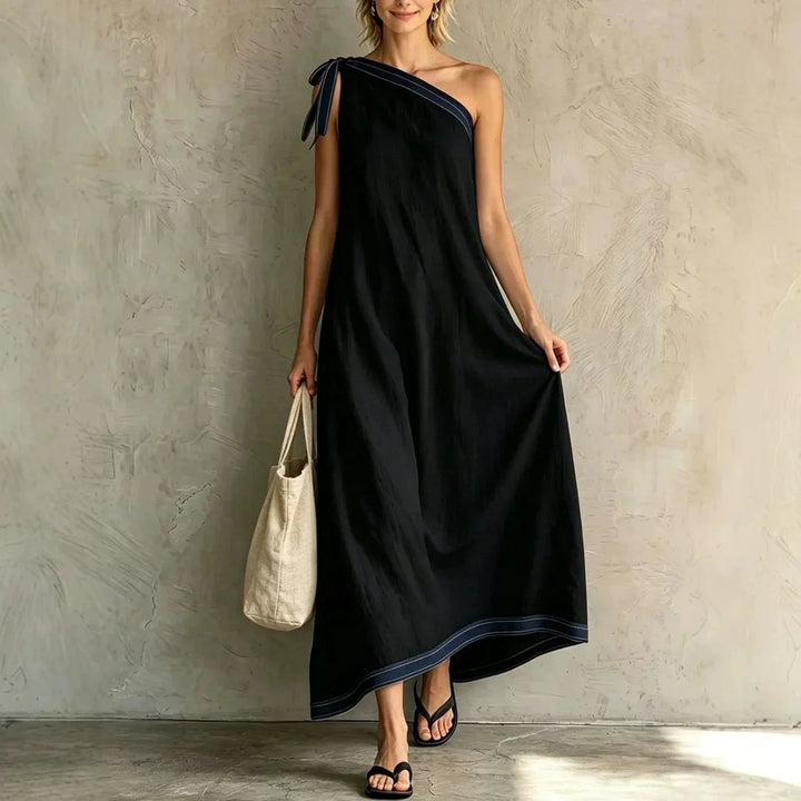 Cielena One Shoulder Wrap Flowing Maxi Dress