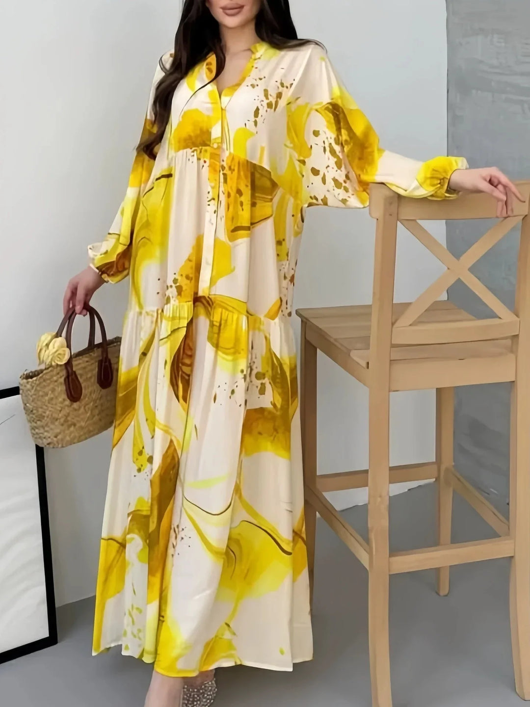 Vesperine Elegant Bohemian Floral V Neck Maxi Dress