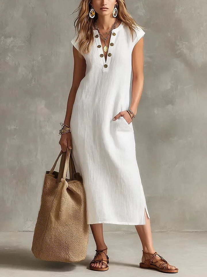 Sabine Relaxed V Neck Button Front Midi Dress