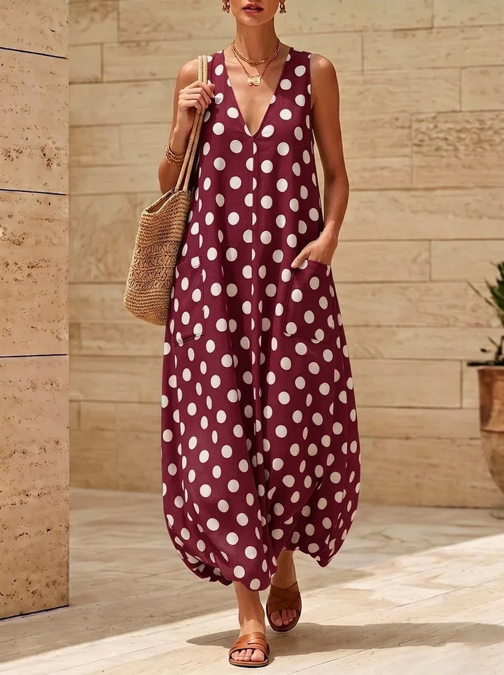 Alviana Deep V Neck Polka Dot Maxi Dress