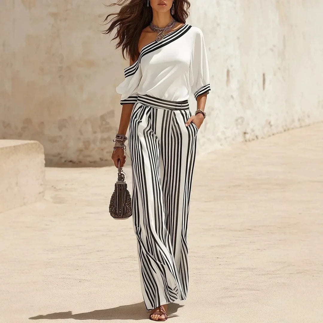 Sorelle One Shoulder Sleeveless Striped Jumpsuit Set