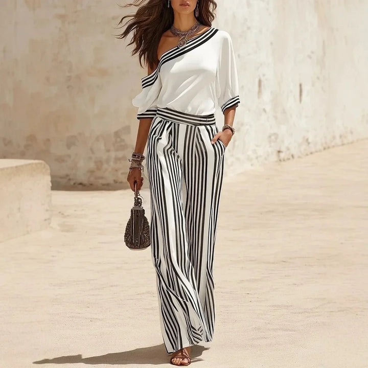 Sorelle One Shoulder Sleeveless Striped Jumpsuit Set