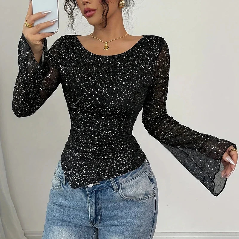 Jazlynn Sequin Mesh Blouse