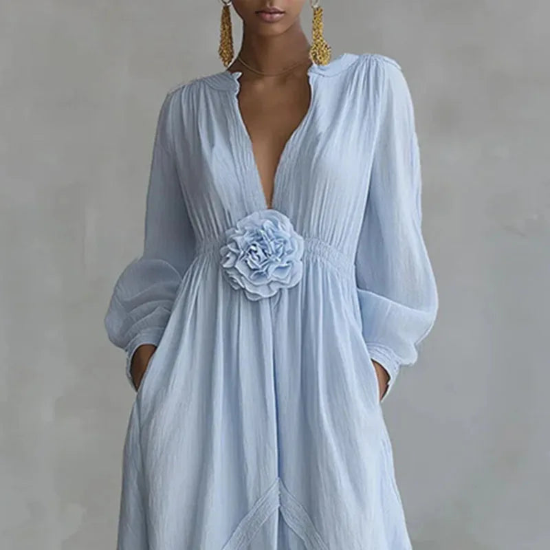 Evelia Deep V Neck Maxi Dress