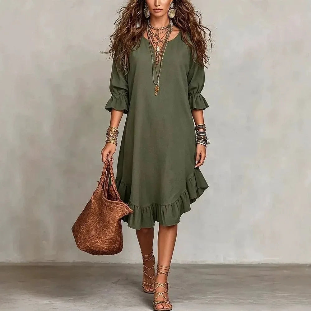 Danica Ruffle Half Sleeve V Neck Midi Dress