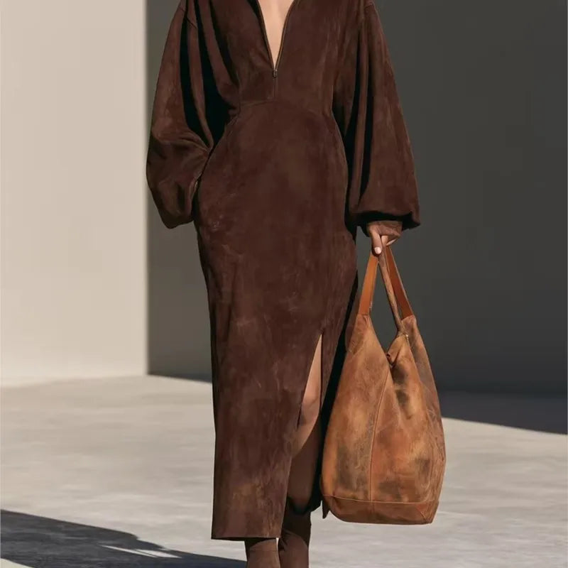 Thalia Half Zip Suede Dress