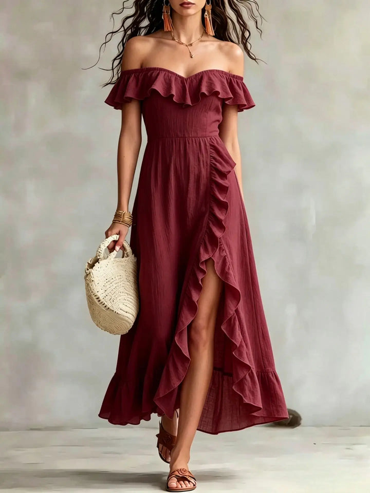 Calvian Off Shoulder Split Hem Maxi Dress