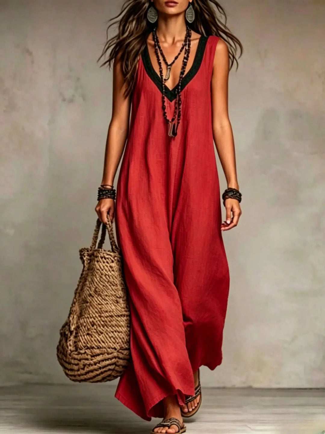 Eulalia Bohemian V Neck Sleeveless Cotton Linen Maxi Dress