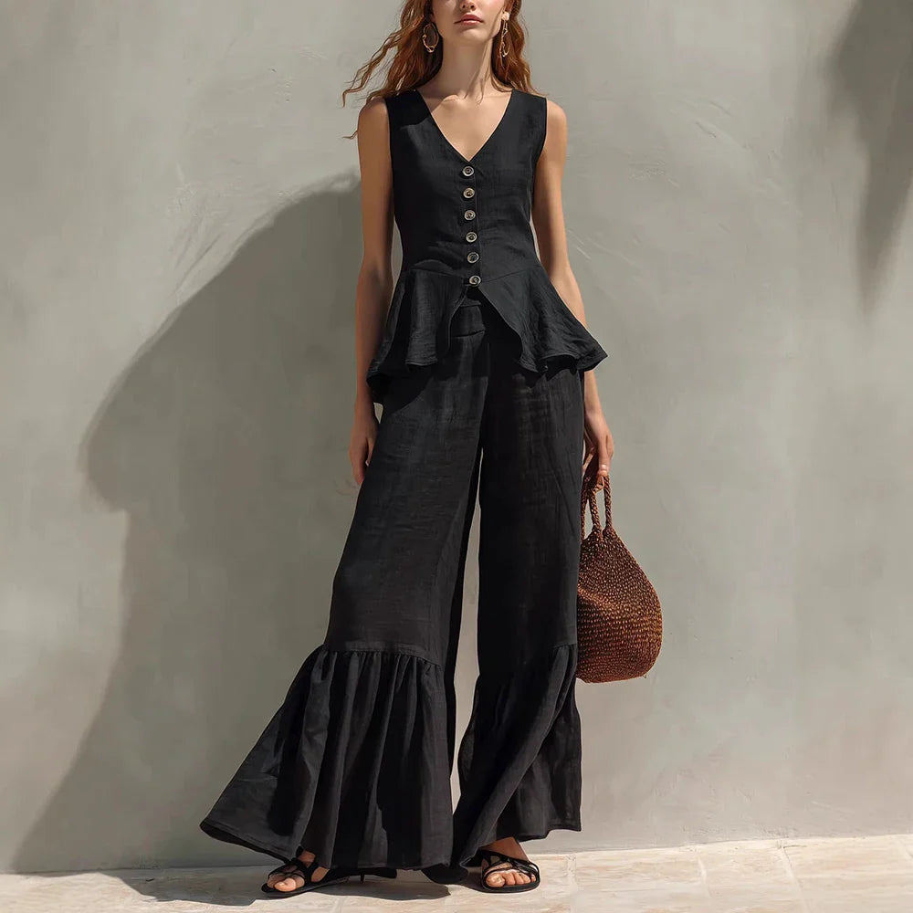 Sylvie Sleeveless Ruffle Trim Wide Leg Pants Set