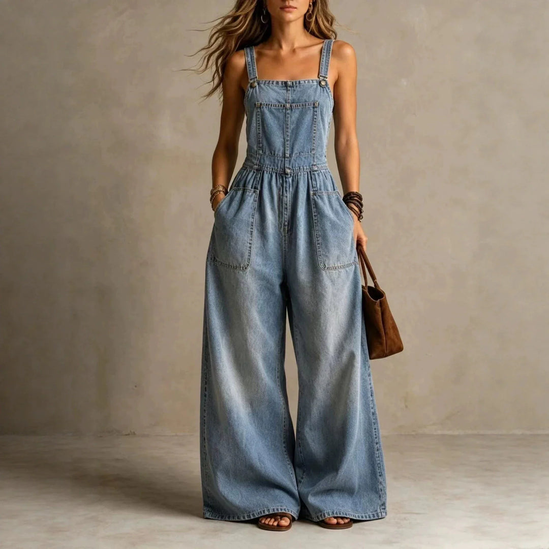 Stefania Wide Leg Denim Overall Jumpsuit