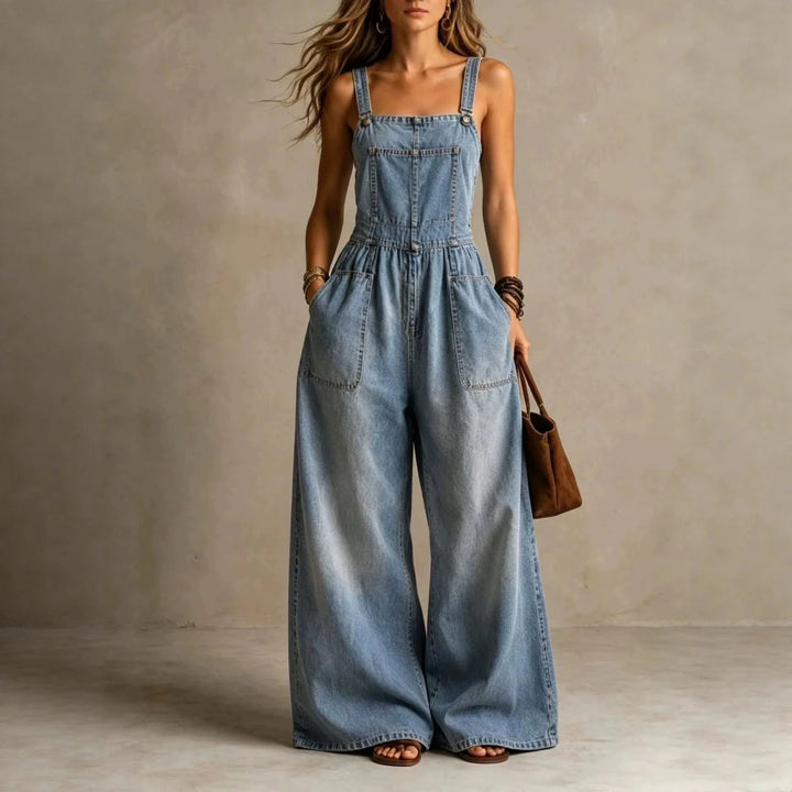Stefania Wide Leg Denim Overall Jumpsuit