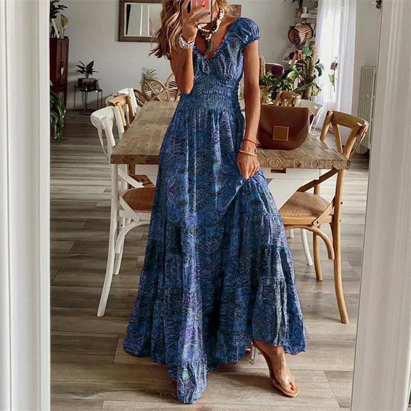 Lavelle Bohemian Printed Petal Sleeve Maxi Dress
