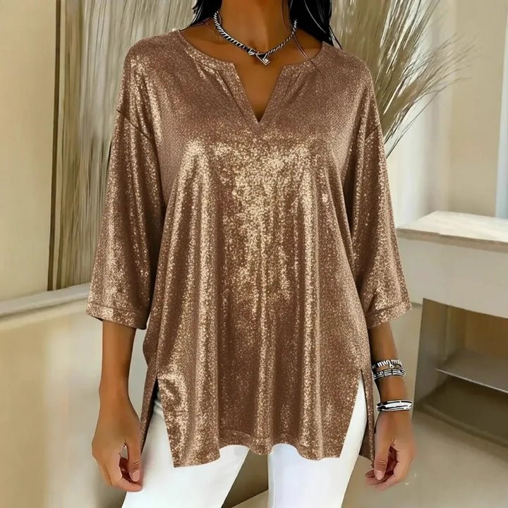Corinne Shimmer Split Neck Blouse
