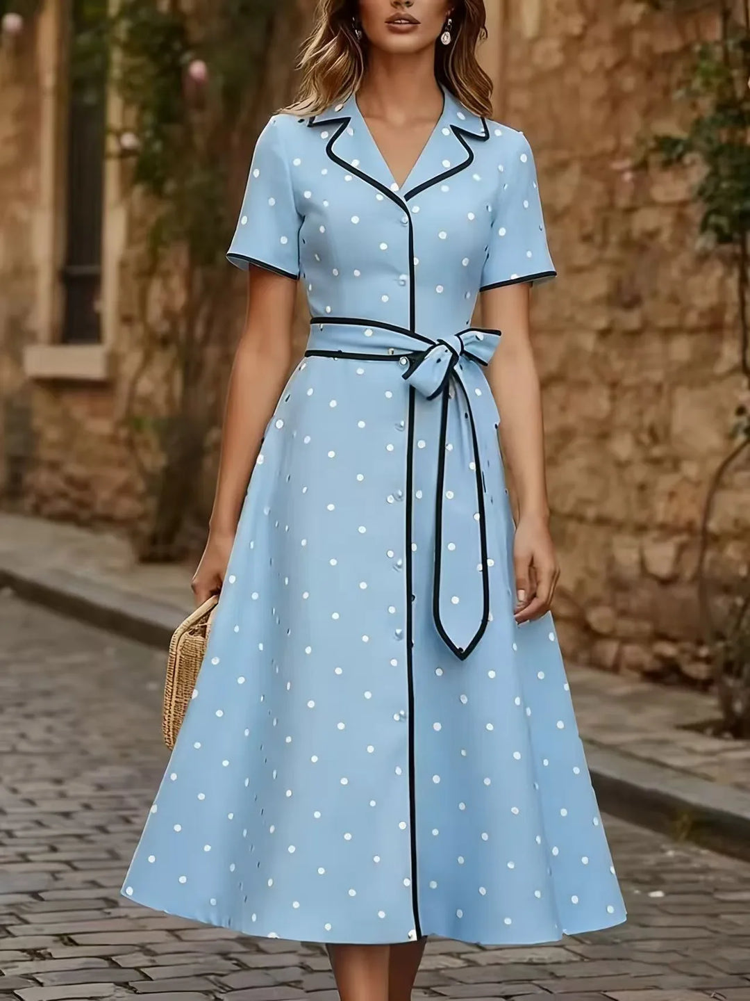 Camellia Elegant French Polka Dot Midi Dress