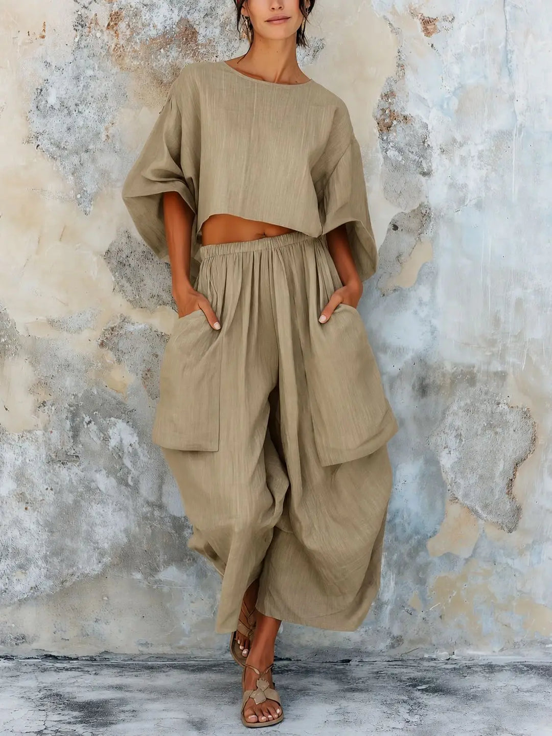 Adelia Linen Cotton Wide Leg Pants Set