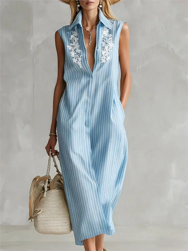 Magnolia Striped V Neck Midi Shirt Dress