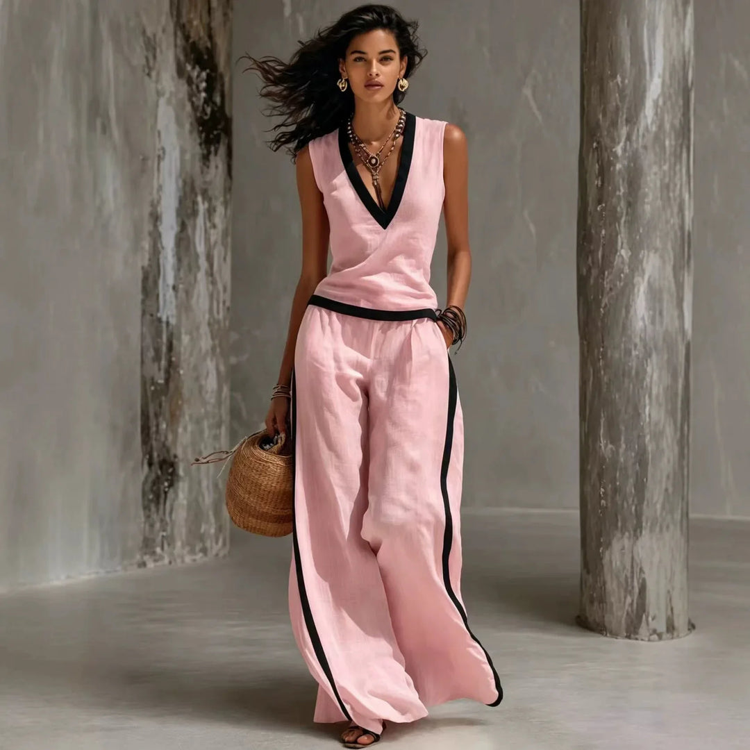 Melina V Neck Sleeveless Linen Matching Set