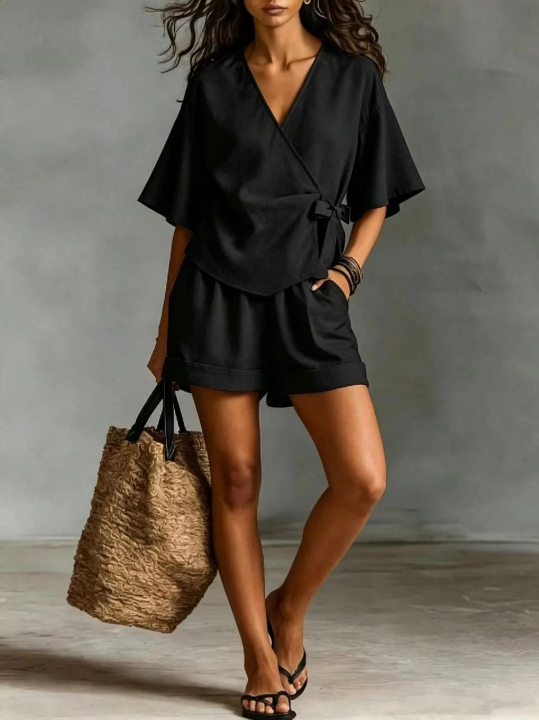 Narisa Casual V Neck Shorts Set