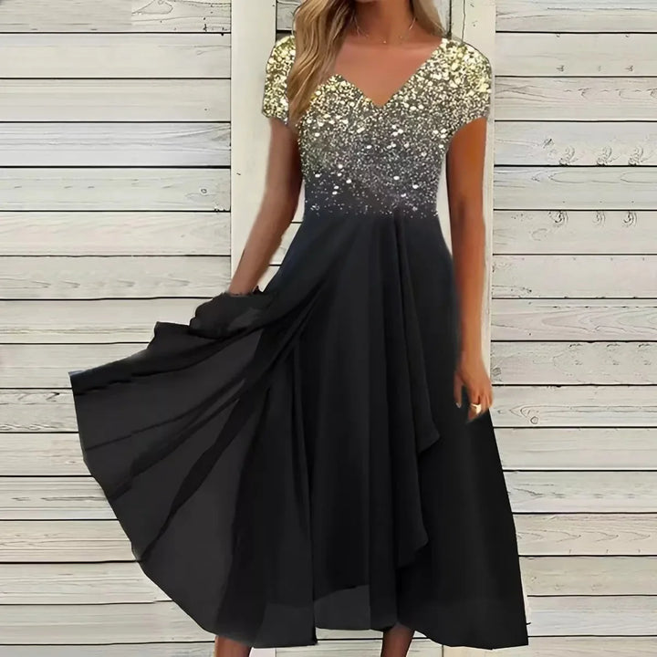 Evania Lace Patchwork Short Sleeve Chiffon Midi Dress
