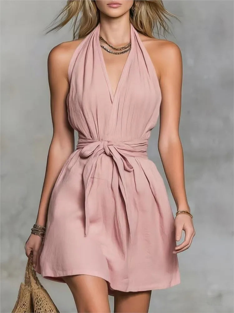 Katherine Drawstring Halter Mini Dress