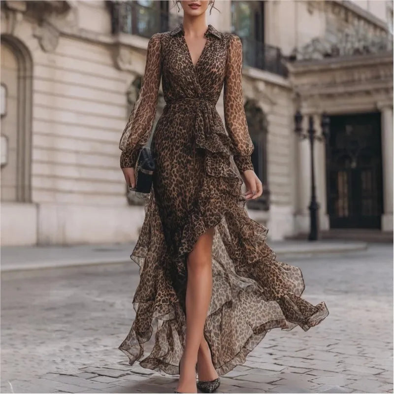 Savannah Leopard Ruffle Maxi Dress