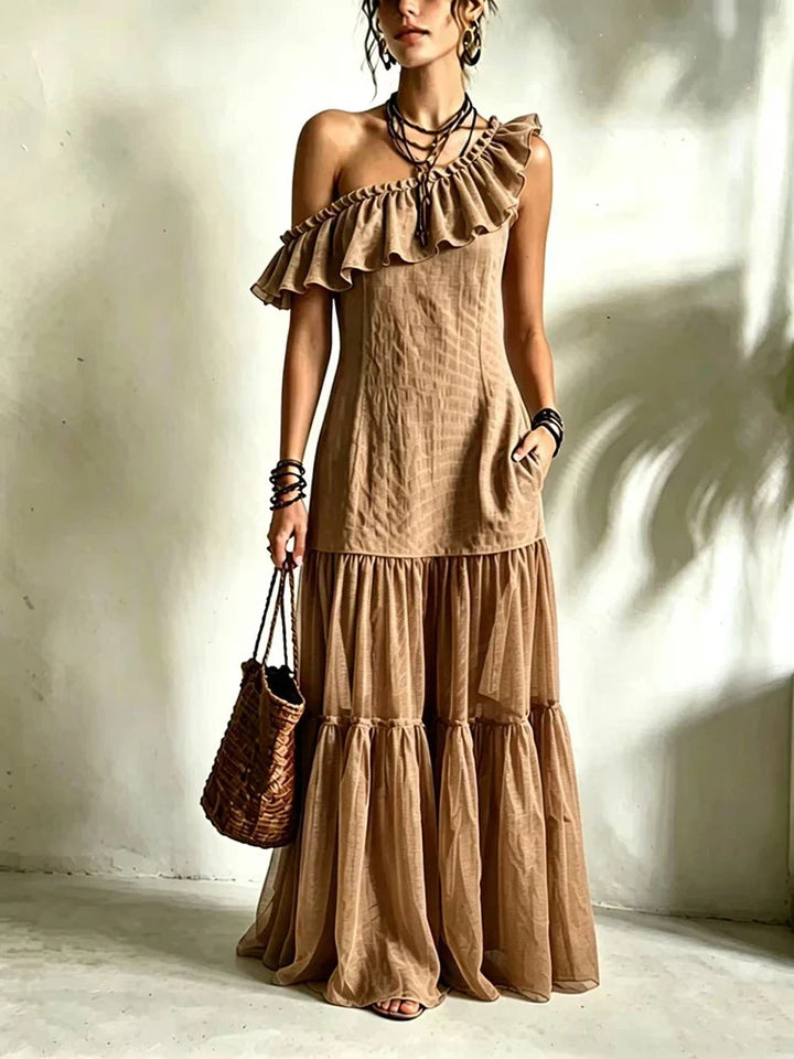 Idalia One Shoulder Asymmetrical Ruffle Maxi Dress