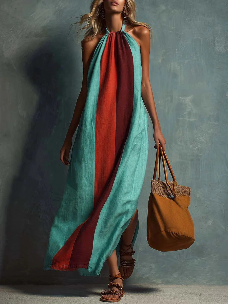 Trista Color Block Halter Maxi Dress