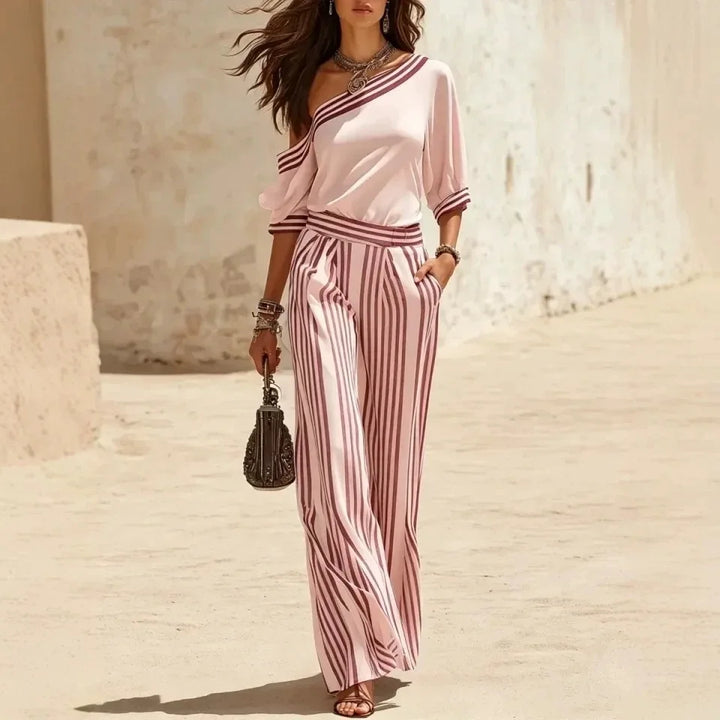 Sorelle One Shoulder Sleeveless Striped Jumpsuit Set