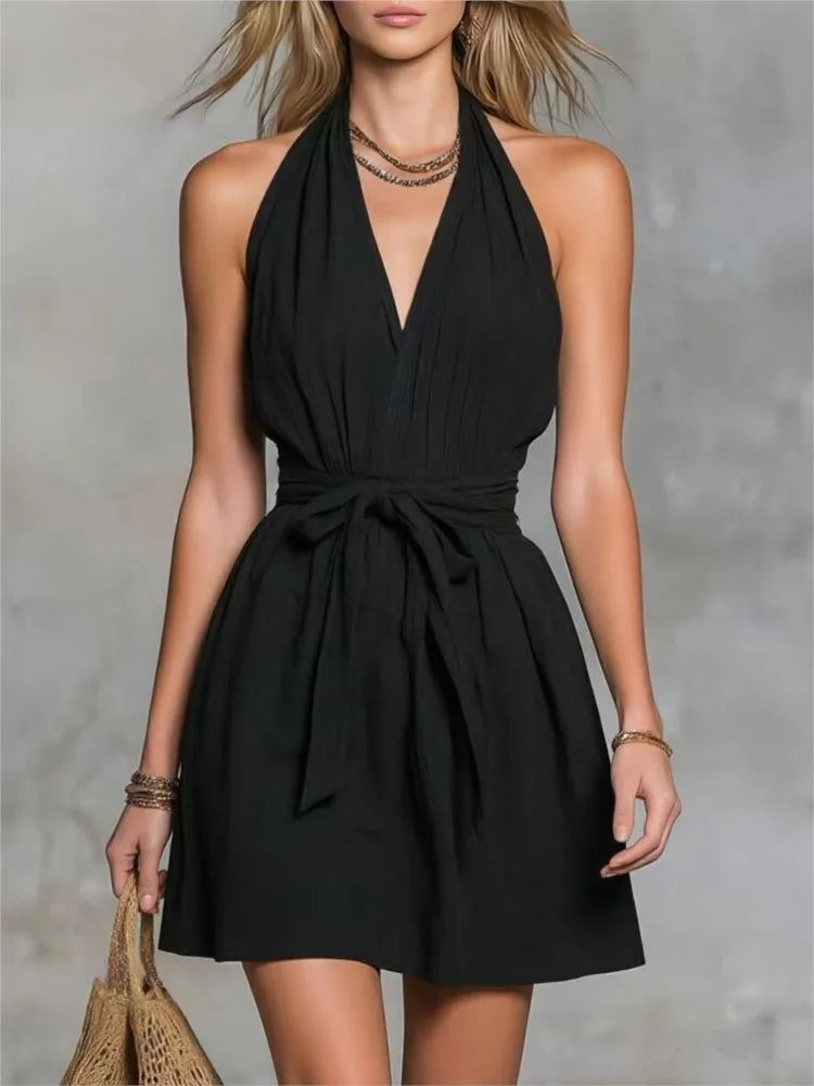 Katherine Drawstring Halter Mini Dress