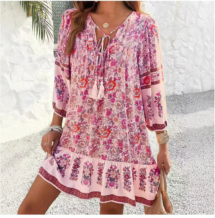 Evelora Relaxed Boho Print Long Sleeve Mini Dress