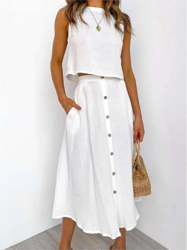 Levarn Sleeveless Top And Button Midi Skirt Set