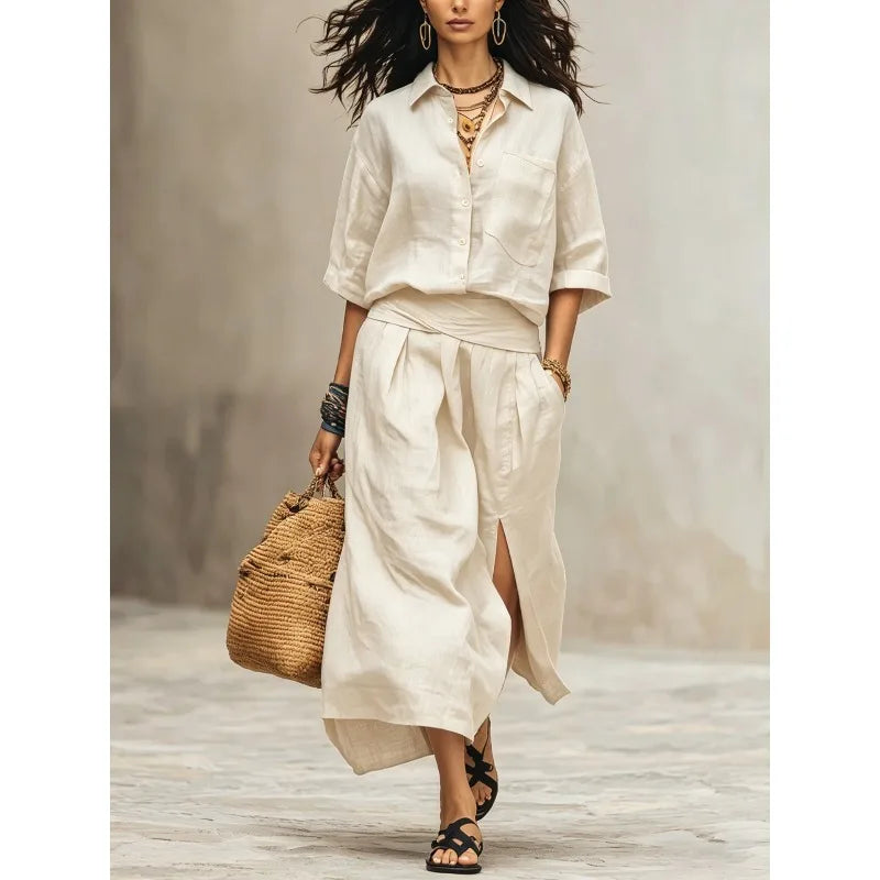 Kayla Linen Shirt and Midi Skirt Set