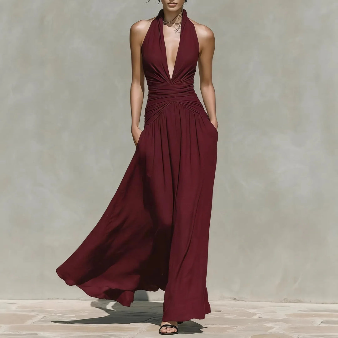 Amoura V Neck Sleeveless Ruched Bodycon Maxi Dress