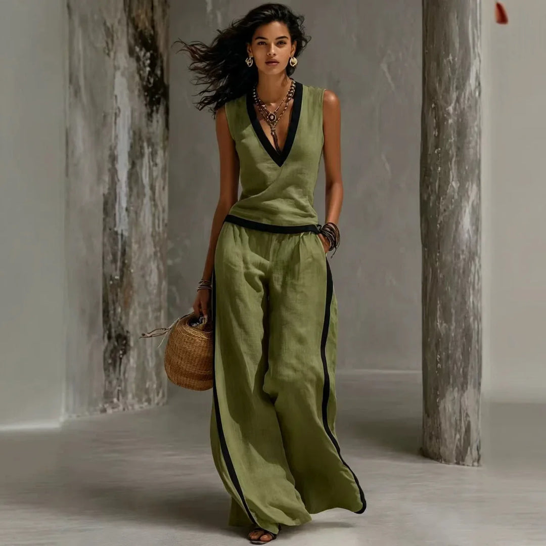 Melina V Neck Sleeveless Linen Matching Set