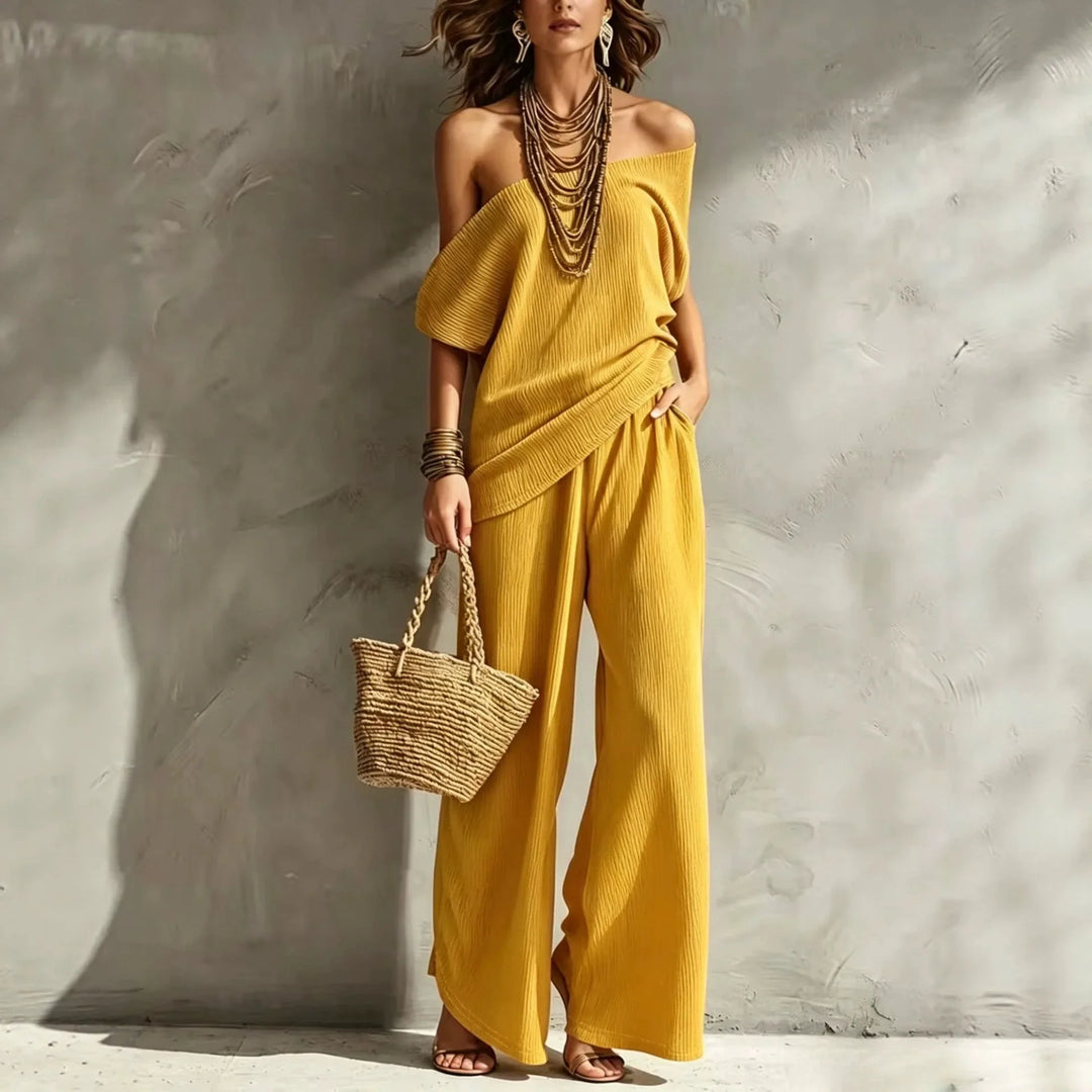 Meliora Off Shoulder Wide Leg Jumpsuit Set