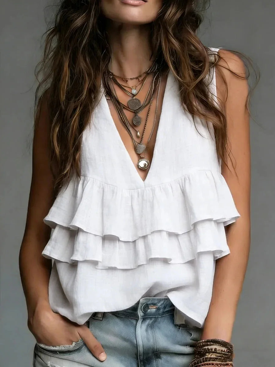 Celine Ruffled V Neck Casual Blouse