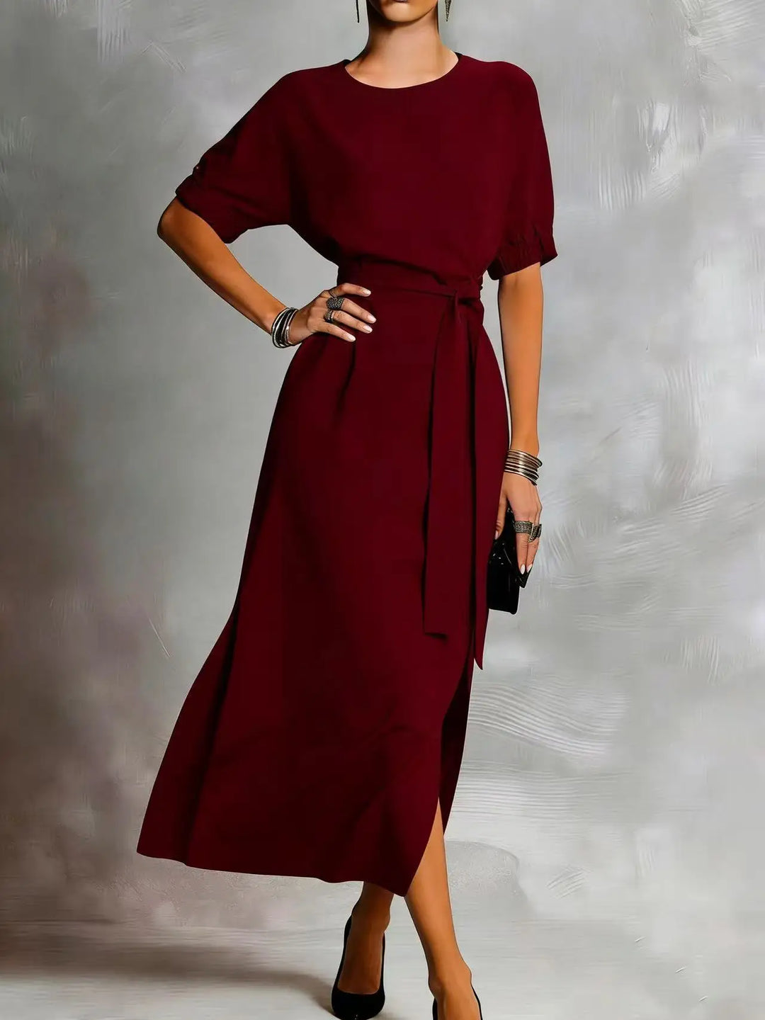 Delyra Casual Front Tie Everyday Midi Dress