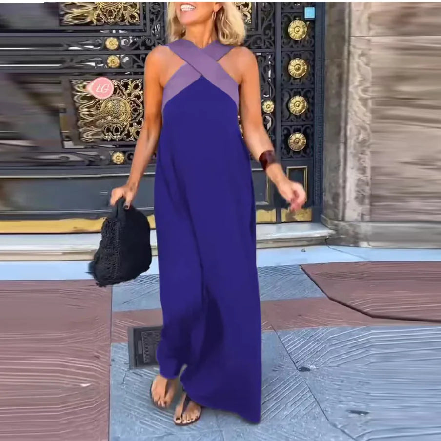Adelina Contrast Halter Backless Maxi Dress