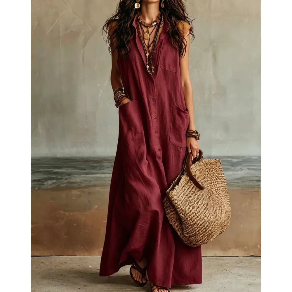 Keira Bohemian V Neck Casual Linen Maxi Dress