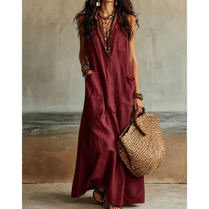 Keira Bohemian V Neck Casual Linen Maxi Dress