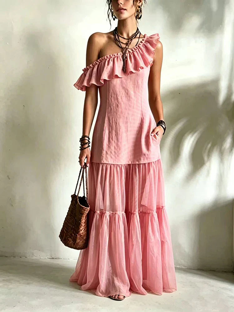 Idalia One Shoulder Asymmetrical Ruffle Maxi Dress