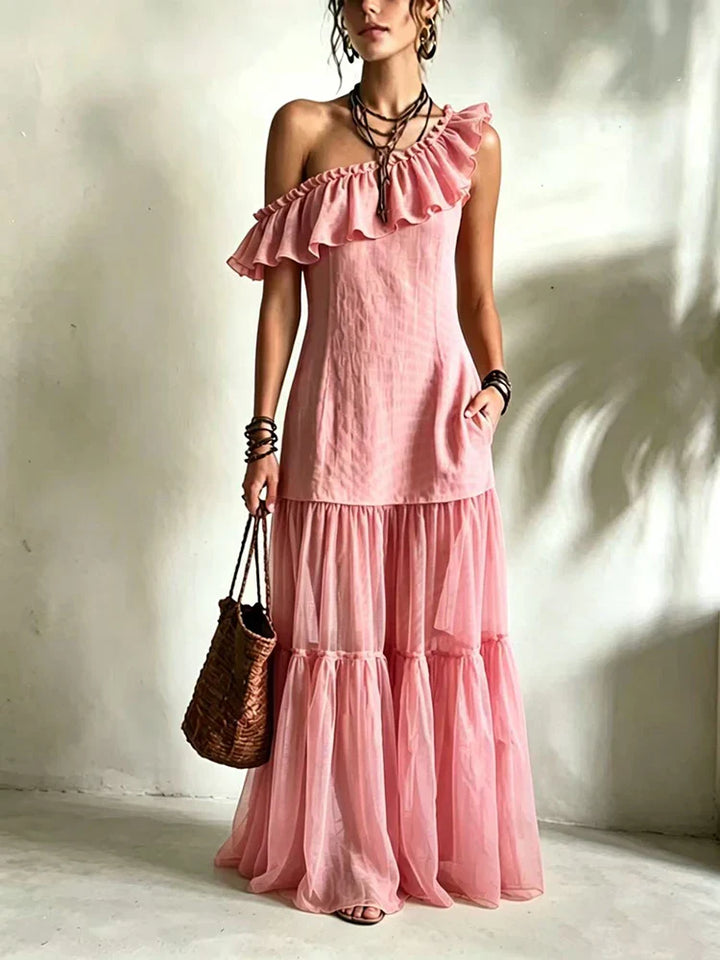 Idalia One Shoulder Asymmetrical Ruffle Maxi Dress