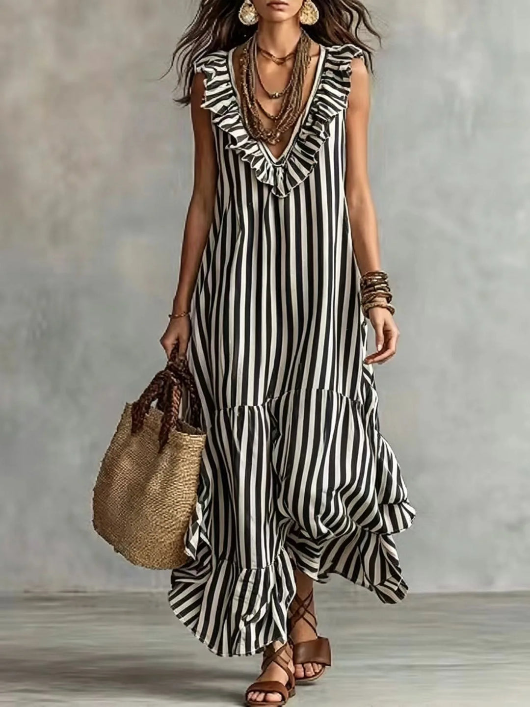 Elara Ruffle Striped Maxi Dress
